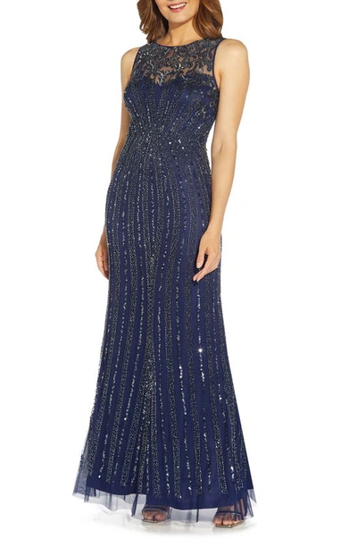 Adrianna Papell Beaded Evening Gown In Light Navy