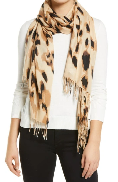 Nordstrom Tissue Print Wool & Cashmere Wrap Scarf In Beige Pebble Snow Leopard