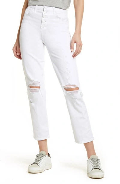7 For All Mankind High Rise Ripped Cropped Straight Jeans In Royce Blanc