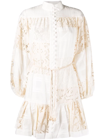 Zimmermann Andie Belted Patchwork Cotton-blend Corded Lace And Jacquard Mini Dress In Ivory