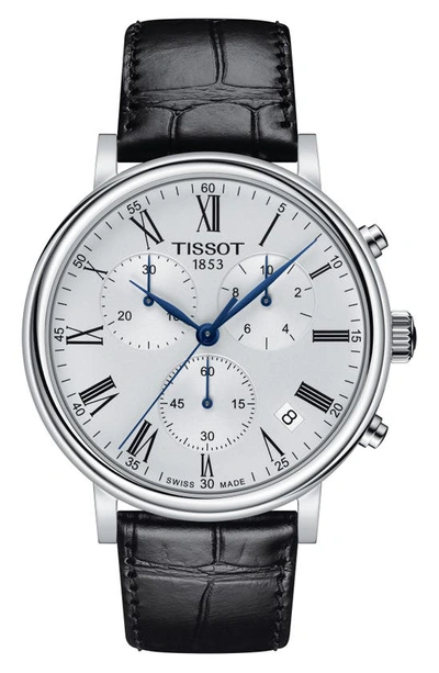 Tissot Men's Carson Premium Chronograph Black Leather Strap Watch 41mm In Black / Blue / Silver