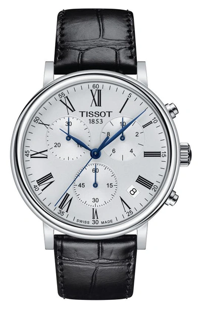 Tissot Men's Carson Premium Chronograph Black Leather Strap Watch 41mm In Silver