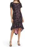 Shani Laser Cut Floral High-low Cocktail Dress In Black Pink