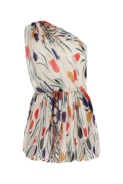Saint Laurent Tulip-print Plisse One-shoulder Mini Dress In Multicolor