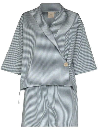 Deiji Studios The Asymmetric Gingham-check Pyjama Set In Blue