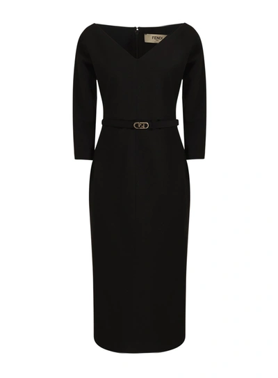 Fendi Belted V-neck Wool-blend Midi Dress In Black