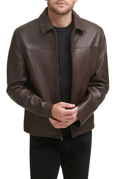 Cole Haan Standing Collar Smooth Lamb Leather Jacket In Java