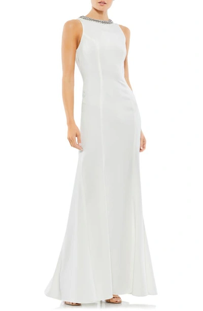 Ieena For Mac Duggal Embellished Neck Trumpet Gown In White