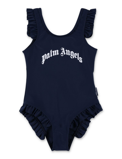 Palm Angels Kids Navy Curved Logo Swimsuit In Blue