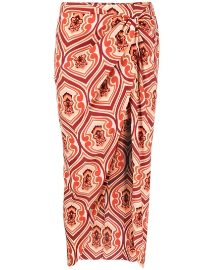 Etro Geometric Draped-twist Sarong Midi Skirt In Orange