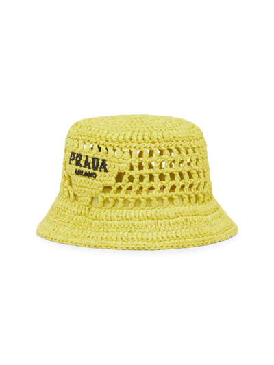 Prada Embroidered Logo Woven Bucket Hat In Citron Yellow