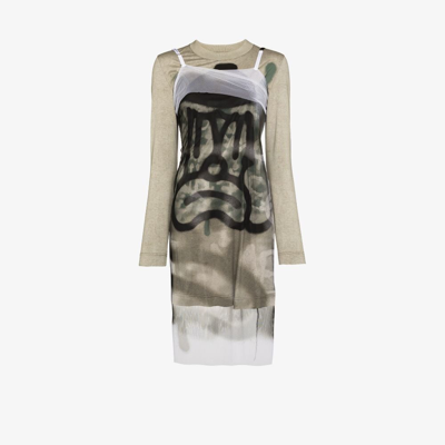 Givenchy Layered Printed Tulle And Cotton-jersey Midi Dress In Green