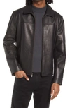 Cole Haan Smooth Lamb Leather Collared Jacket In Black