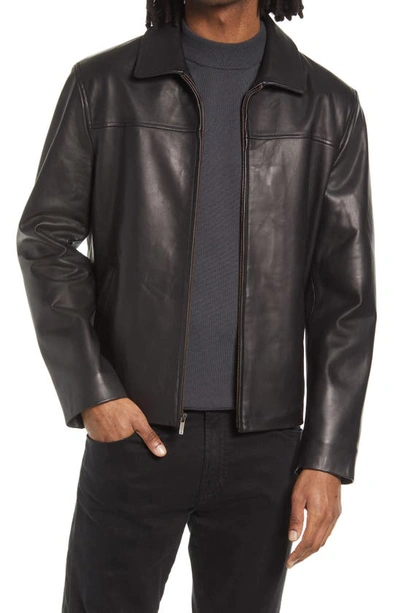 Cole Haan Smooth Lamb Leather Collared Jacket In Black