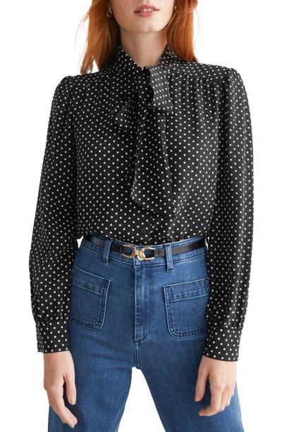 Other Stories Polka Dot Tie Neck Silk Blouse In Dot Aop