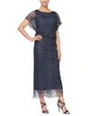 Sl Fashions Petite Long Crochet Blouson Dress In Navy Silver