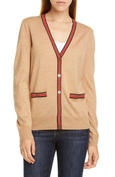 Tory Burch Madeline Cardigan In Camel/ Pine Cone