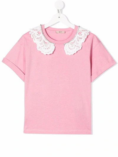 N°21 Kids' Crystal-embellished Lace-trim T-shirt In Pink