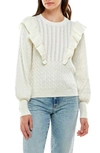 Wayf Pick Me Up Cable Ruffle Sweater In Ivory