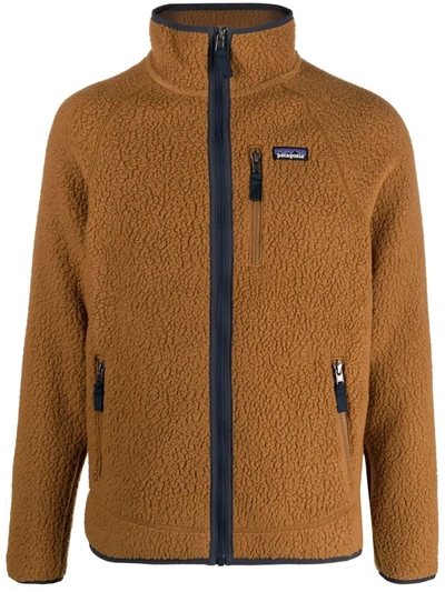 Patagonia Logo-patch Zip-up Fleece Jacket In Brown