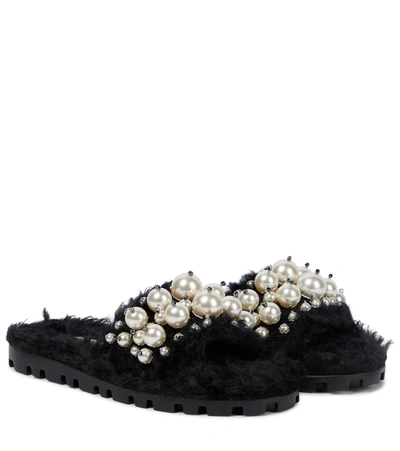 Miu Miu Black Shearling Slippers With Pearls