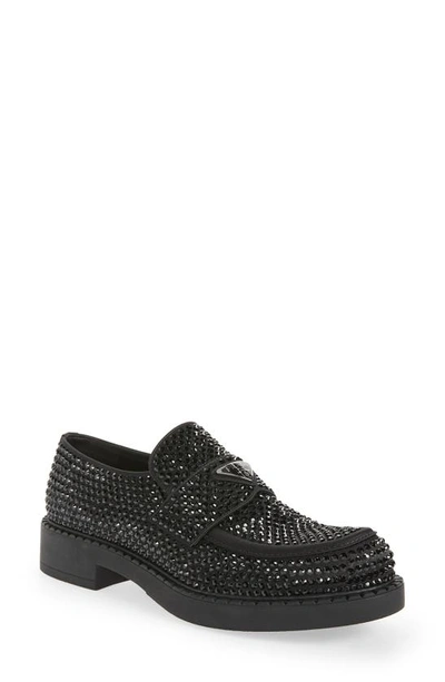 Prada Crystal Chocolate Loafers In Nero