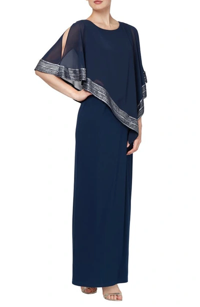 Slny Foil Trim Asymmetric Popover Capelet Gown In Deep Navy