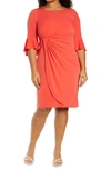 Connected Apparel Gathered Bell Sleeve Faux Wrap Dress In Mandrian
