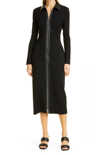 Staud Alfred Faux Leather Accent Long Sleeve Knit Dress In Black/ Black