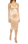 Bebe Strappy Back Sleeveless Satin Midi Dress In Brown