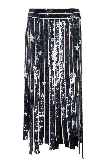 Monse Sequined Star Fringe Midi Skirt In Navy