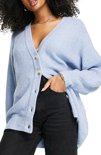Topshop Knitted Oversized Grandad Cardi In Blue