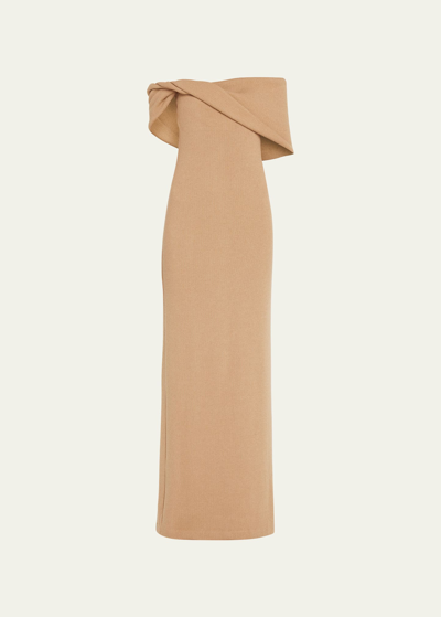 Brandon Maxwell Off-the-shoulder Cutout Ribbed-knit Maxi Dress In Camel Brown