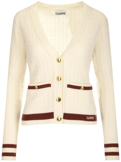 Ganni Striped Cable-knit Merino Wool And Cashmere-blend Cardigan In Beige