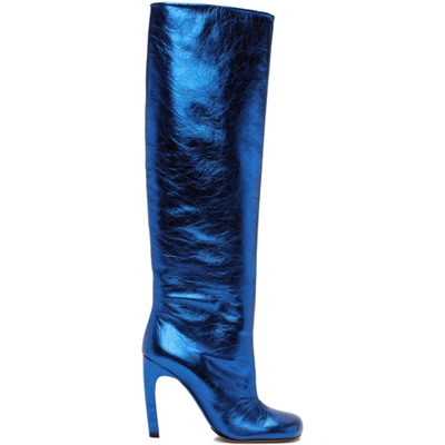 Dries Van Noten Blue Cracked Leather Tall Boots In 504 Blue