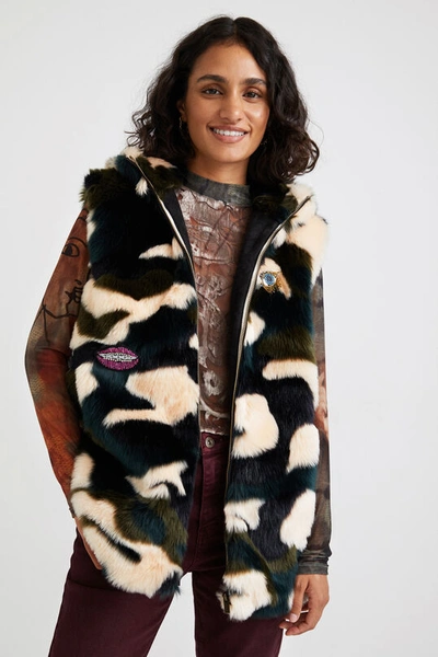 Desigual Furry Animal Print Embroidered Vest - Verde Militaire In Green |  ModeSens