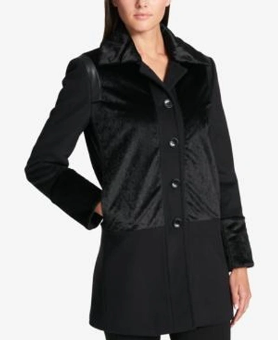 Dkny Faux-fur-panel Wool-blend Walker Coat In Black