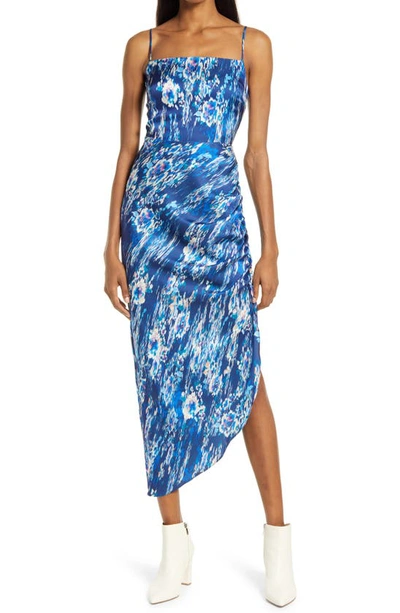 Wayf Off The Shoulder Gathered Asymmetric Dress In Cobalt Watercolor