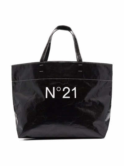 N°21 Kids' Logo Print Nylon Tote Bag In Black