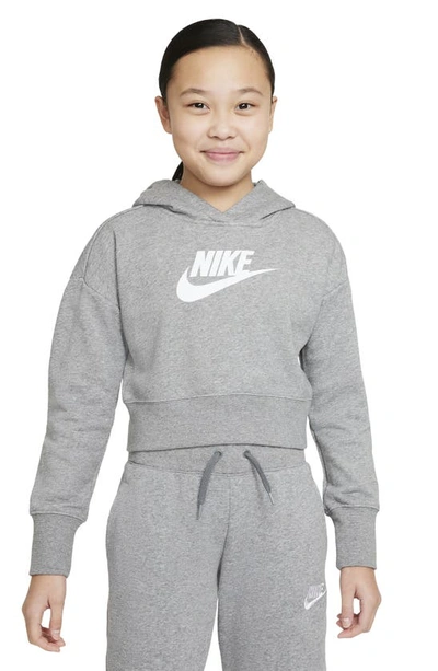 Nike Kids' Club Crop Cotton Blend French Terry Hoodie In Carbon Heather/ White