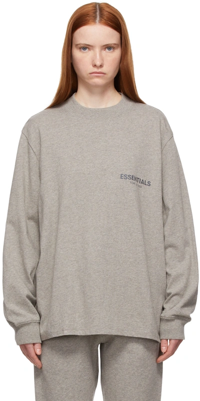 Essentials Grey Logo Long Sleeve T-shirt In Heather Oatmeal