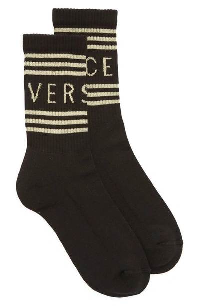 Versace First Line Stripe Crew Socks In Black-gold