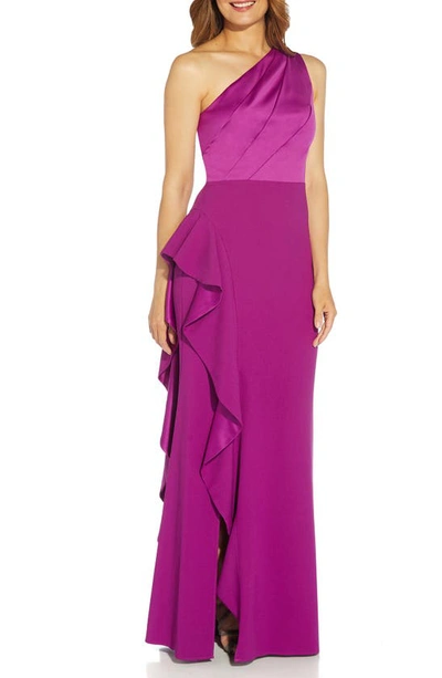 Adrianna Papell One-shoulder Satin-trim Draped Gown In Wild Orchid