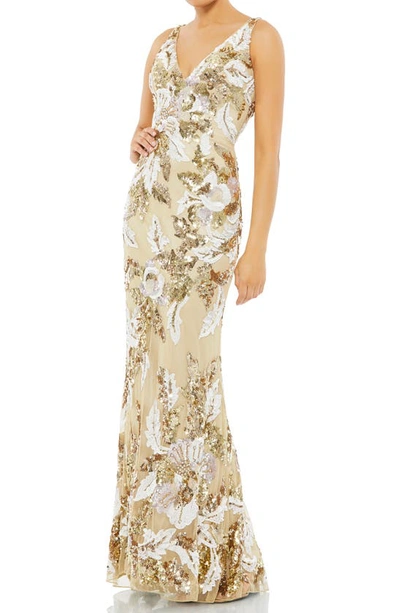 Mac Duggal Sleeveless Sequin Trumpet Gown In Nude