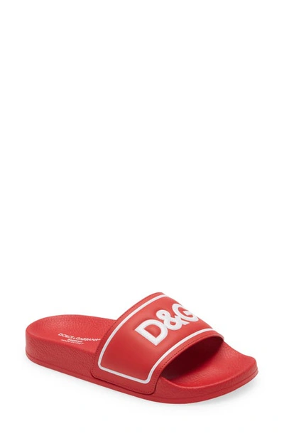 Dolce & Gabbana Boys Teen Red Leather Sliders In Rosso Bianco