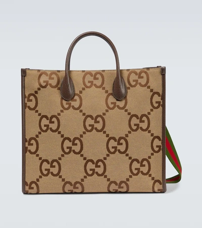 Gucci Leather-trimmed Monogrammed Coated-canvas Tote Bag In Brown