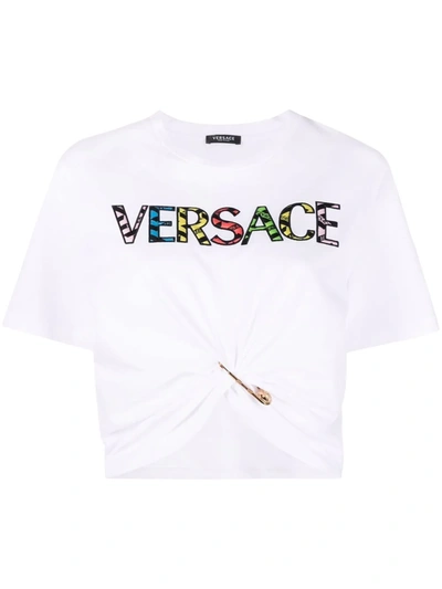 Versace Cropped Embellished Appliquéd Cotton-jersey T-shirt In White
