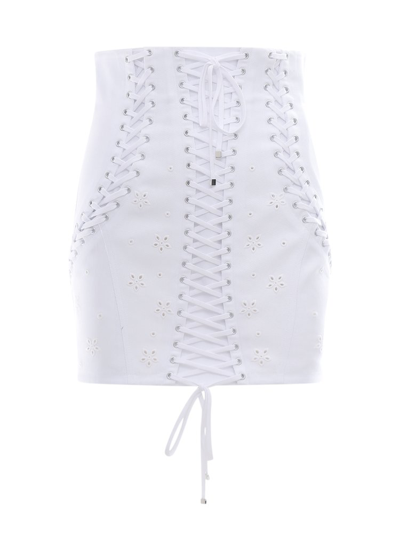 Dolce & Gabbana Lace-up Broderie Anglaise Denim Mini Skirt In White