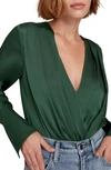 Favorite Daughter Surplice Long Sleeve Satin Bodysuit In Forest Green