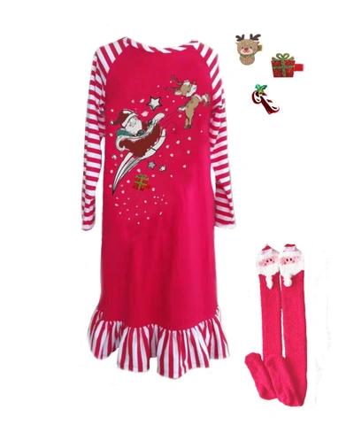 Mi Amore Gigi Little Girls Interchangeable Accessory 3d Holiday Graphic Nightgown And Socks Set, 2 Piece In Red